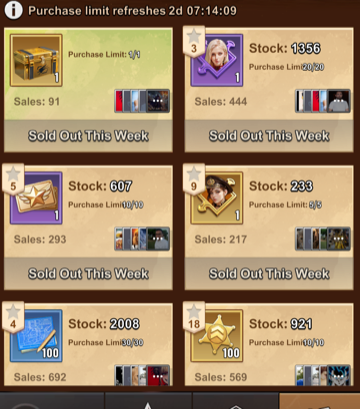Current Alliance Shop limits for the supply chest, hero fragments, recruitment tickets, blueprints, and badges