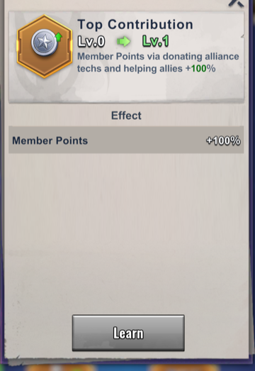 Top Contribution Support Mastery perk giving 100 percent more Member Points from Alliance Tech donations and helping allies