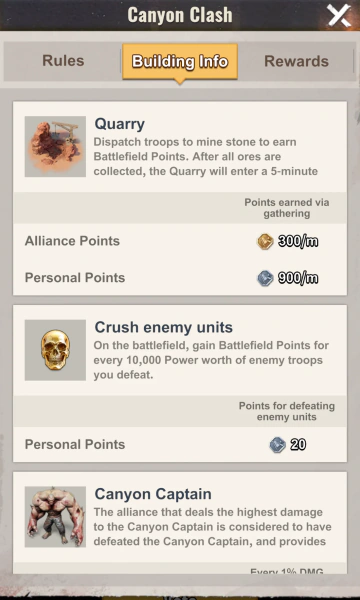 Canyon Clash Quarry and enemy points
