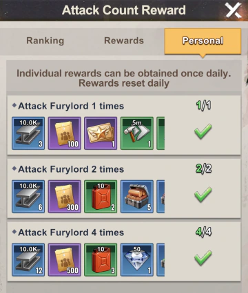 Récompenses quotidiennes de nombre d’attaques de Furylord