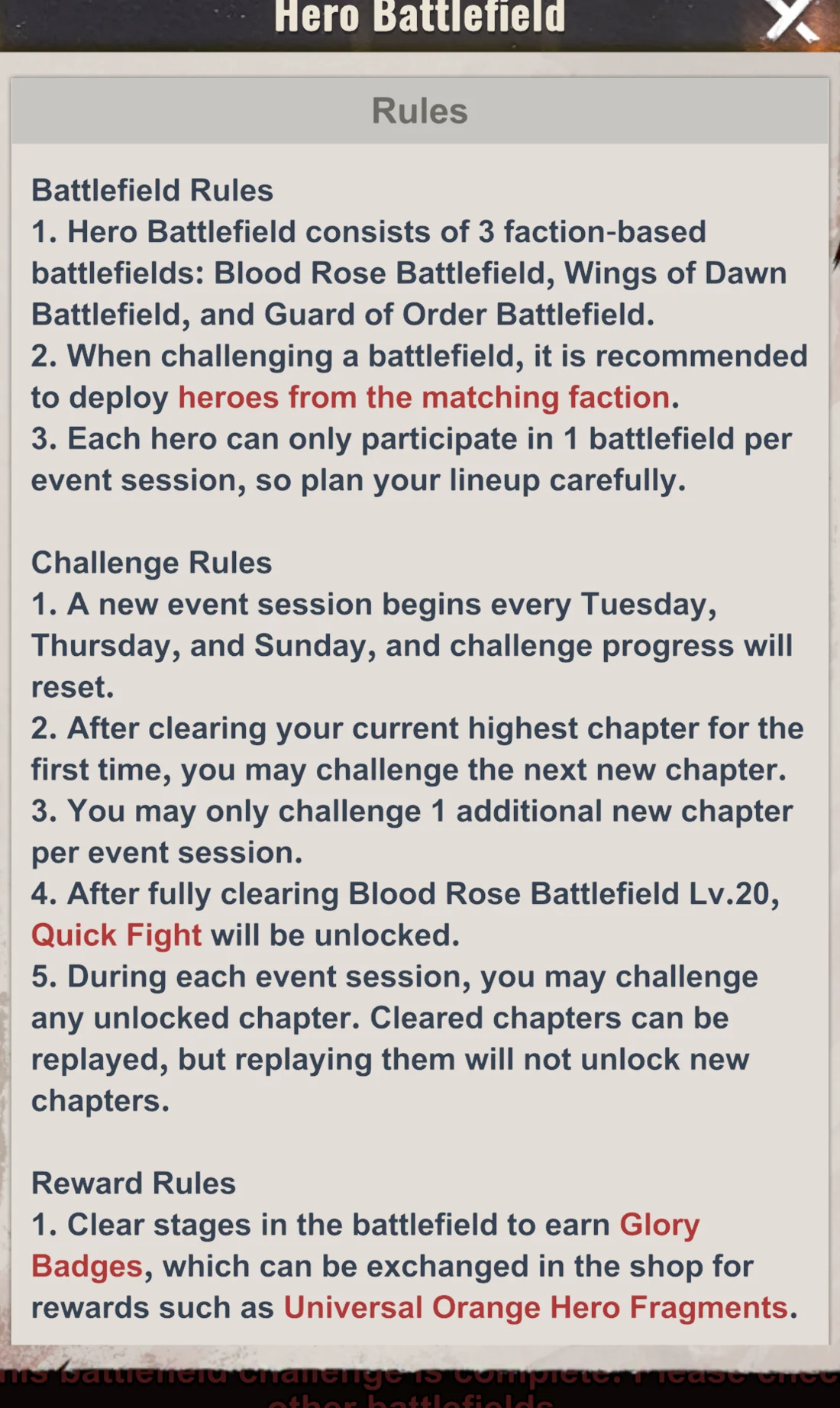 Reglas de las sesiones de Hero Battlefield y Quick Fight