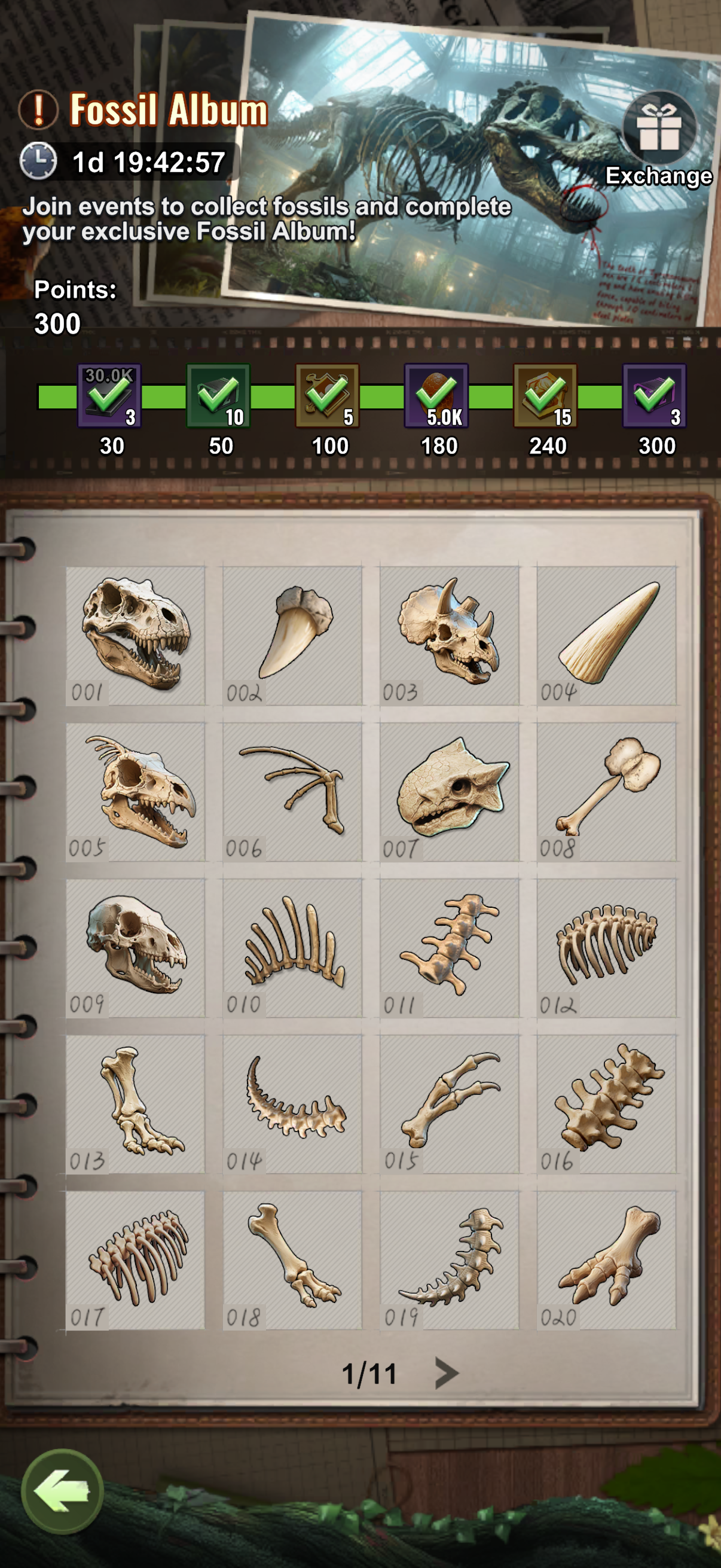 Fossil Album point milestones and Exchange