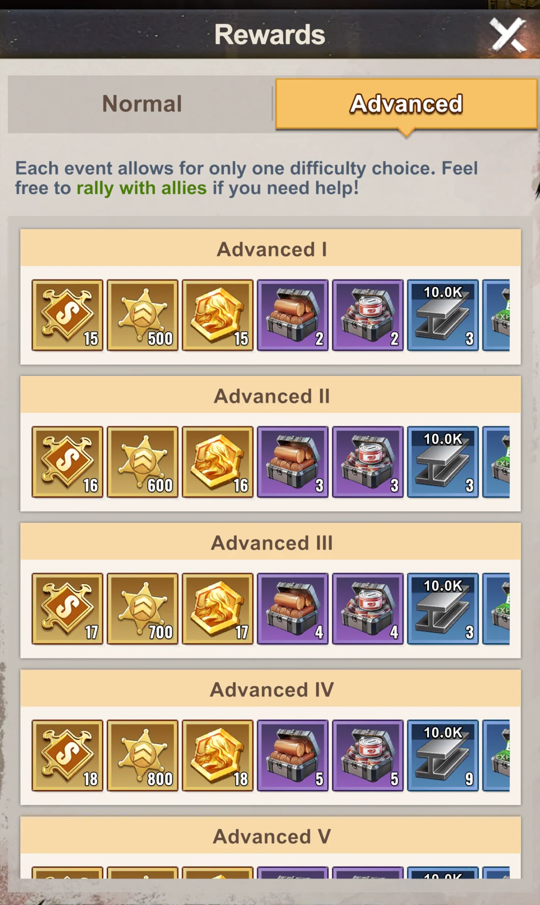 Survival Saga Advanced reward menu