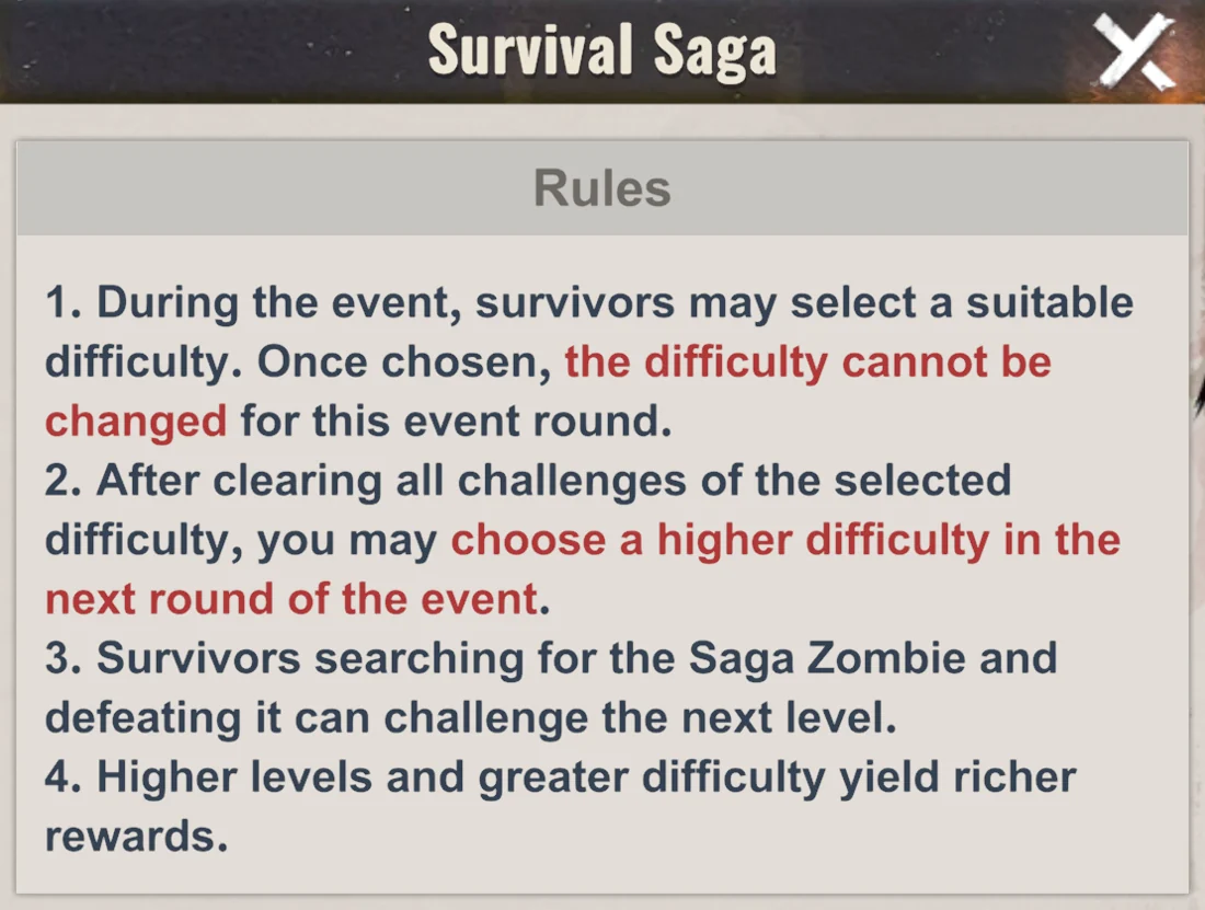 Survival Saga difficulty and progression rules
