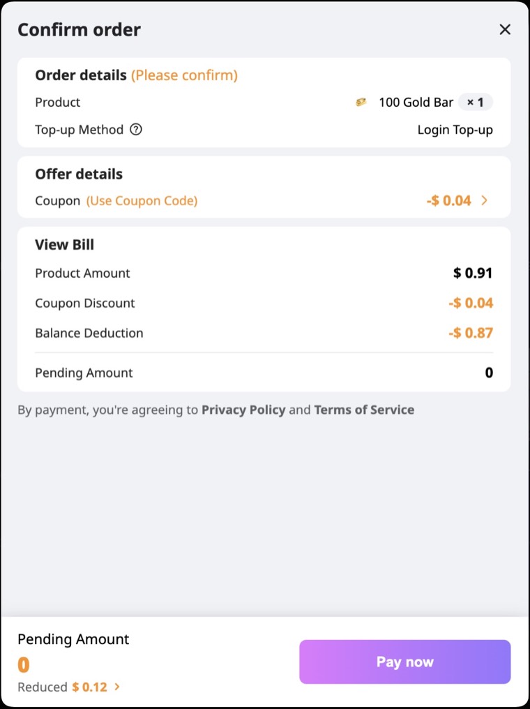 LDShop Last Z confirm order screen with coupon and pending amount