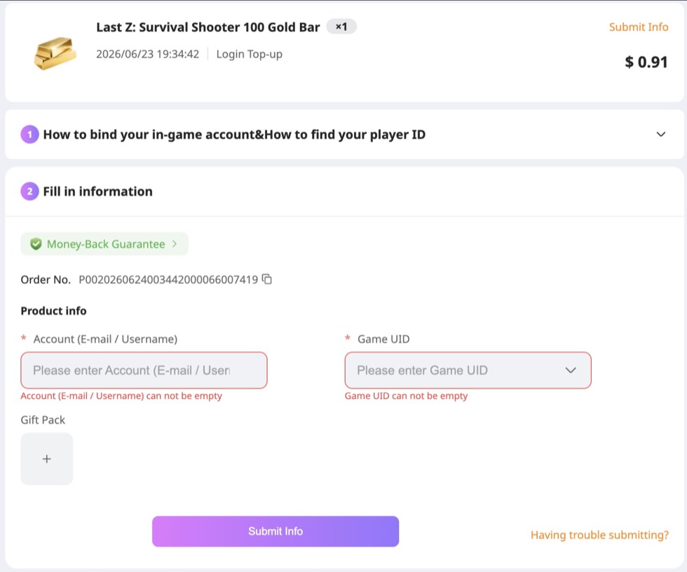 LDShop Last Z form for account email and Game UID