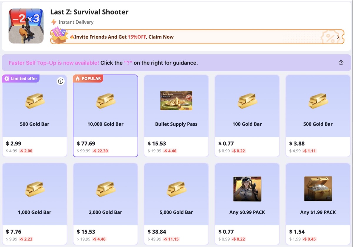 LDShop Last Z page showing discounted Gold Bar and pack prices