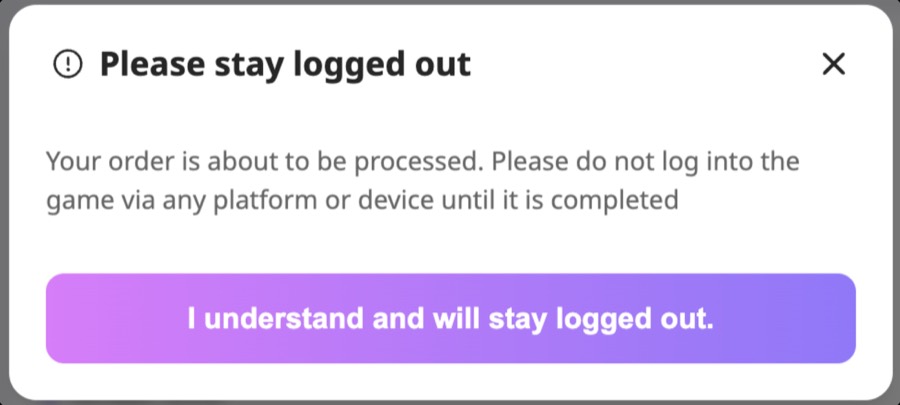 LDShop message asking the player to stay logged out during processing