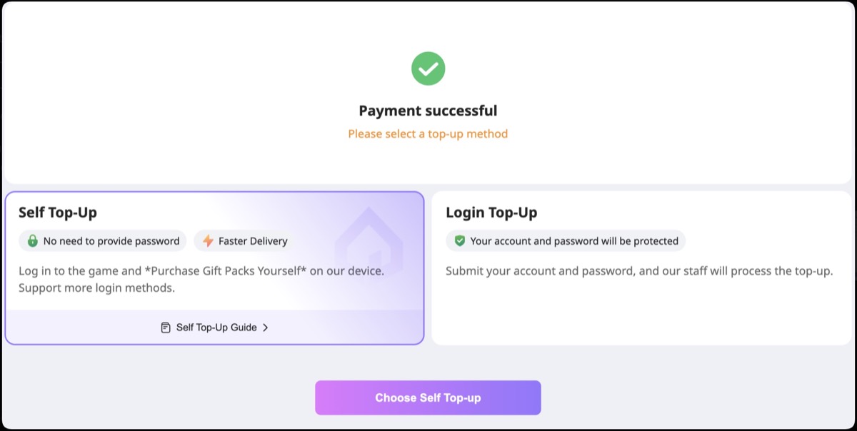LDShop Last Z screen showing Self Top-Up and Login Top-Up methods