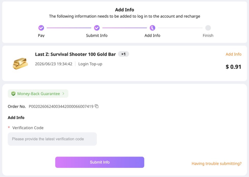 LDShop Last Z verification code screen after payment
